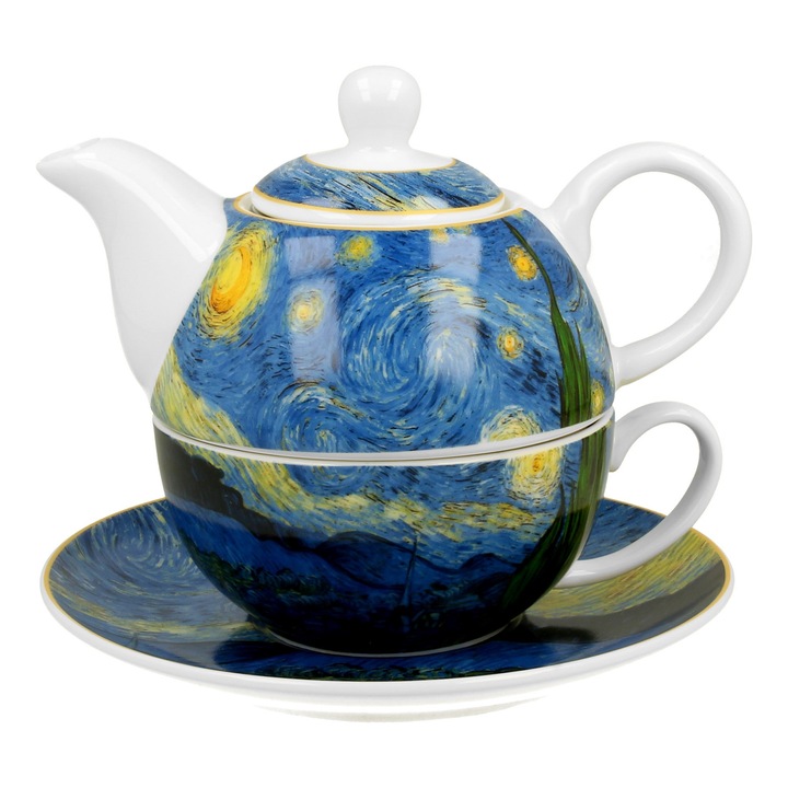 Teáskanna készlet csészével és csészealjjal, porcelán, 330 ml, Csillagos éjszaka, többszínű