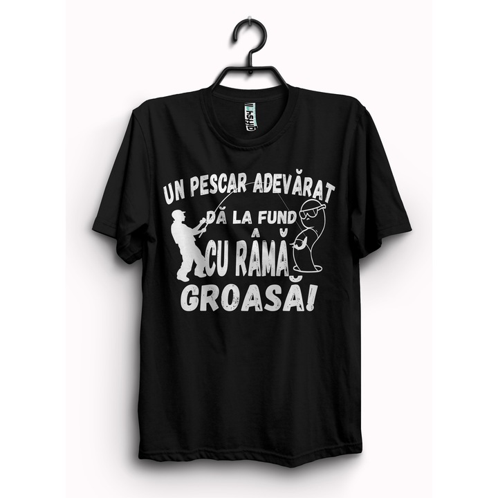 Tricou UN PESCAR ADEVARAT, unisex, bumbac, negru, XL