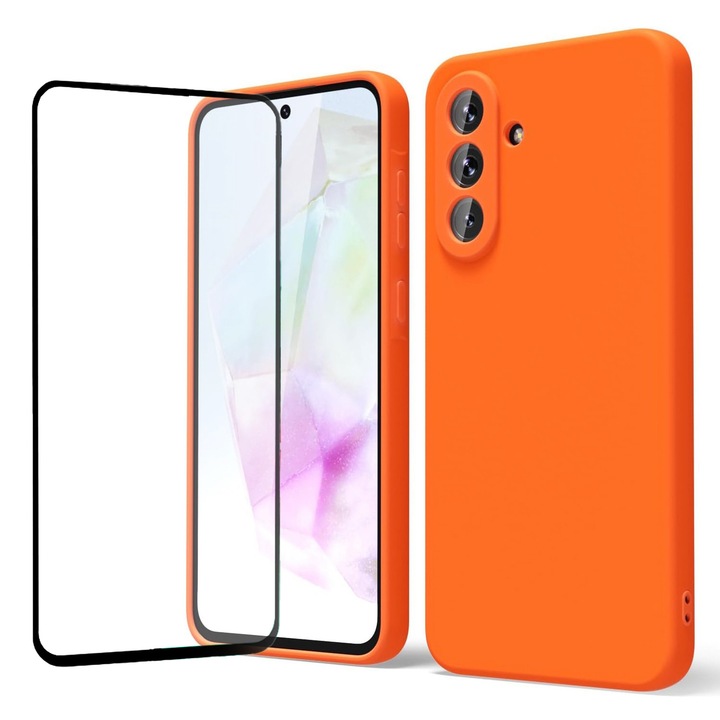 Set Husa si Folie de protectie pentru Samsung Galaxy A36 Daden® Silicon Soft, Ultra Slim, Protectie sporita, Interior de microfibra, Portocaliu