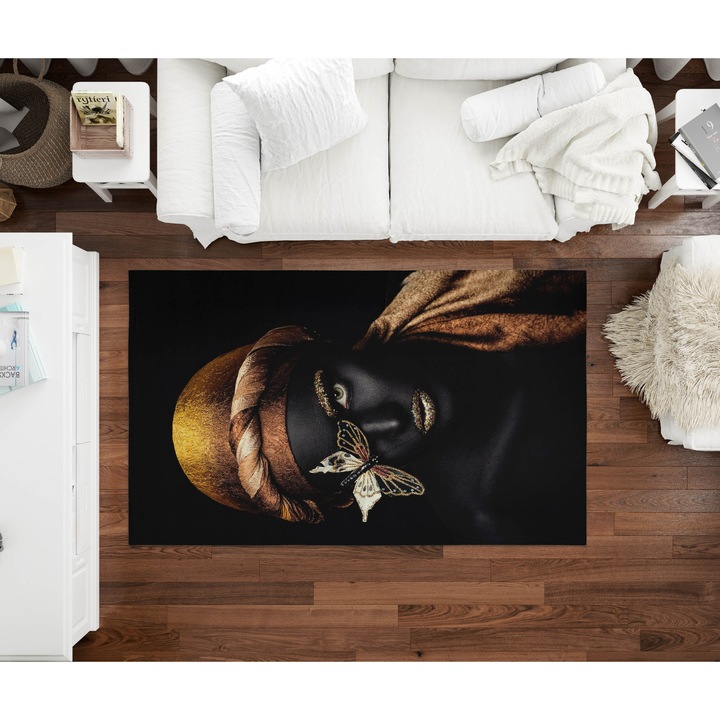 Covor decorativ imprimat 120×180 cm, model "Black Gold Beauty" design modern, textura moale, material durabil, usor de intretinut, ideal pentru living, dormitor, birou sau zone de accent, confort si stil intr-un singur produs