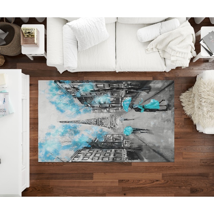 Covor decorativ imprimat 120×180 cm, model "Blue Paris" design modern, textura moale, material durabil, usor de intretinut, ideal pentru living, dormitor, birou sau zone de accent, confort si stil intr-un singur produs