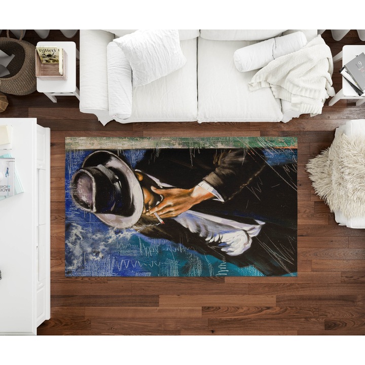 Covor decorativ imprimat 120×180 cm, model "Gentleman" design modern, textura moale, material durabil, usor de intretinut, ideal pentru living, dormitor, birou sau zone de accent, confort si stil intr-un singur produs