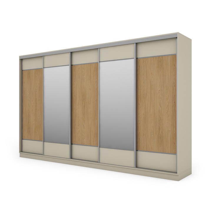 Dulap, Meblast, Premium Lucrate Manual, 400 cm x 244 cm x 64 cm, Sifonier, Pal 18 mm, Hdf De 3 mm, Pvc 0.8 mm, Numar De Usi 5, Numar De Sertare 8, Cu Doua Oglinzi, Cashmere Bej/Oak Casella, Feronerie Argintie