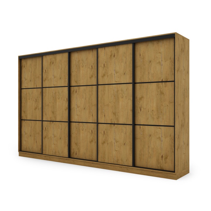 Dulap, Meblast, Premium Lucrate Manual, 400 cm x 244 cm x 64 cm, Sifonier, Pal 18 mm, Hdf De 3 mm, Pvc 0.8 mm, Numar De Usi 5, Numar De Sertare 8, Stejar Lancelot, Fitinguri Negre