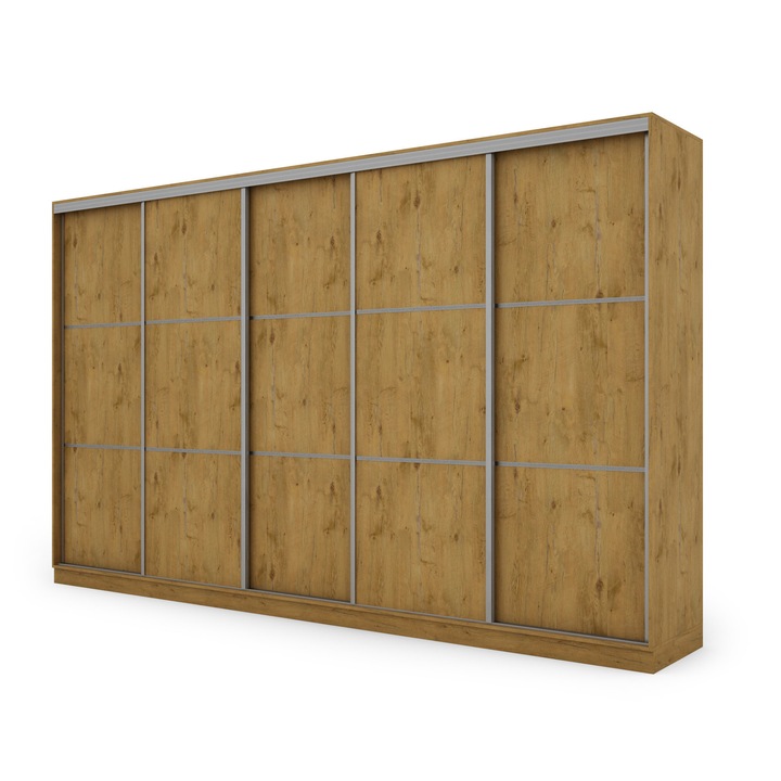 Dulap, Meblast, Premium Lucrate Manual, 400 cm x 244 cm x 64 cm, Sifonier, Pal 18 mm, Hdf De 3 mm, Pvc 0.8 mm, Numar De Usi 5, Numar De Sertare 8, Stejar Lancelot, Hardware Argintiu