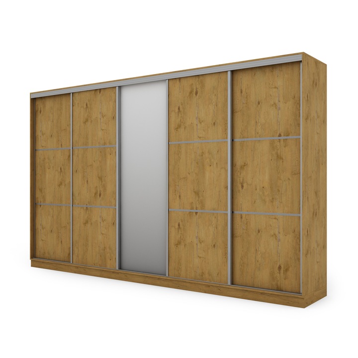 Dulap, Meblast, Premium Lucrate Manual, 400 cm x 244 cm x 64 cm, Sifonier, Pal 18 mm, Hdf De 3 mm, Pvc 0.8 mm, Numar De Usi 5, Numar De Sertare 8, Lancelot Stejar Cu 1 Oglinda, Feronerie Argintie