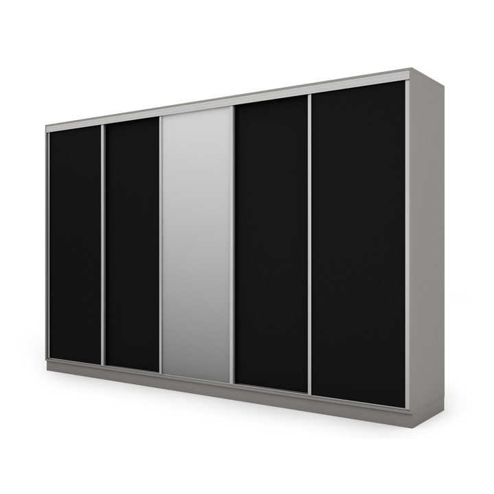 Dulap, Meblast, Premium Lucrate Manual, 380 cm x 244 cm x 66 cm, Sifonier, Pal 18 mm, Hdf De 3 mm, Pvc 0.8 mm, Numar De Usi 5, Numar De Sertare 4, Gri Platinat/Negru Cu 1 Oglinda, Hardware Argintiu