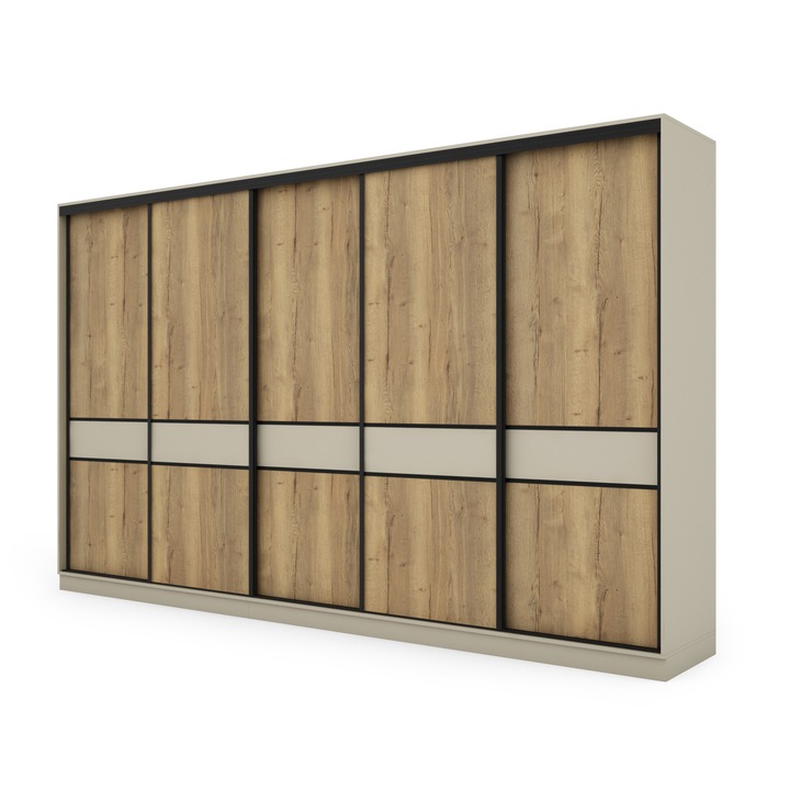 Dulap, Meblast, Premium Lucrate Manual, 360 cm x 244 cm x 65 cm, Sifonier, Pal 18 mm, Hdf De 3 mm, Pvc 0.8 mm, Numar De Usi 5, Numar De Sertare 4, Cashmere Bej/Halifax Oak, Feronerie Neagra