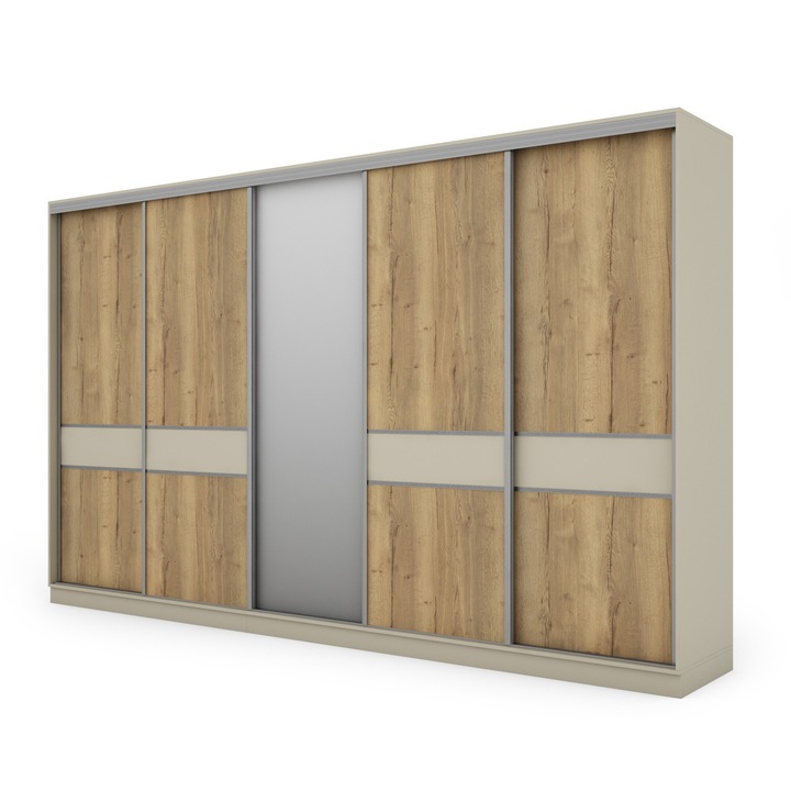 Dulap, Meblast, Premium Lucrate Manual, 360 cm x 244 cm x 65 cm, Sifonier, Pal 18 mm, Hdf De 3 mm, Pvc 0.8 mm, Numar De Usi 5, Numar De Sertare 4, Bej/Oak Halifax Cu 1 Oglinda, Feronerie Argintie