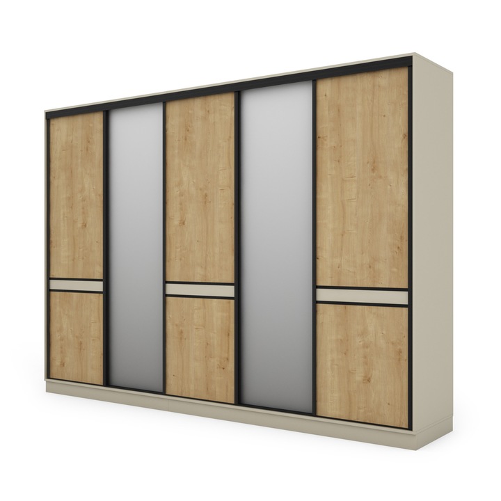 Dulap, Meblast, Premium Lucrate Manual, 340 cm x 244 cm, Sifonier, Pal 18 mm, Hdf De 3 mm, Pvc 0.8 mm, Cu Doua Oglinzi, Cashmere Bej/Oak Hamilton, Hardware Negru