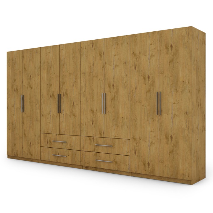 Dulap, Meblast, Premium Lucrate Manual, 400 cm x 220 cm x 57 cm, Sifonier, Pal 18 mm, Hdf De 3 mm, Pvc 0.8 mm, Numar De Usi 8, Numar De Sertare 4, Lancelot Stejar