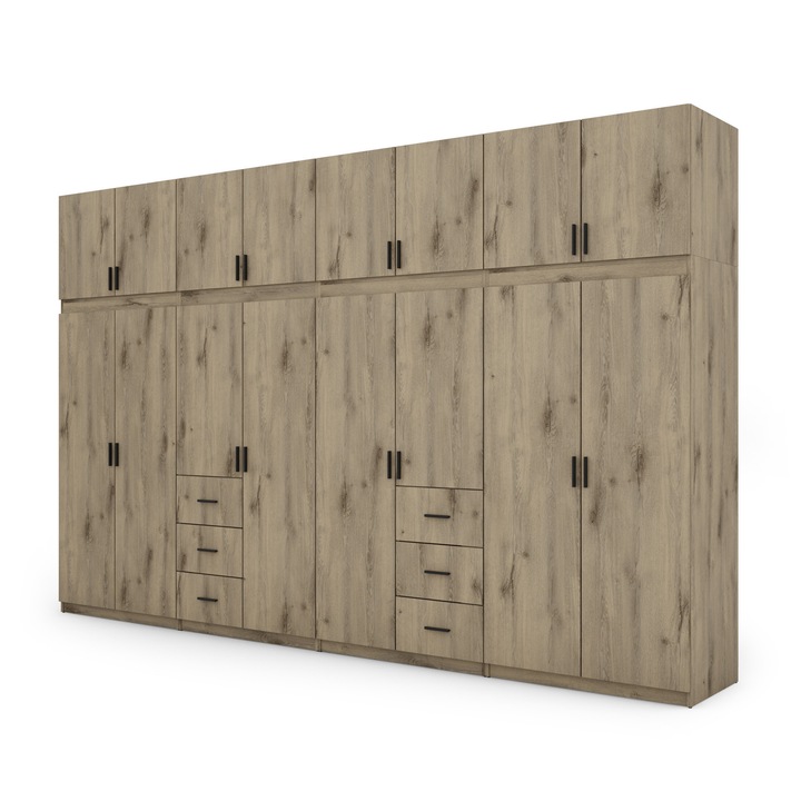 Dulap, Meblast, Premium Lucrate Manual, 380 cm x 240 cm x 57 cm, Sifonier, Pal 18 mm, Hdf De 3 mm, Pvc 0.8 mm, Numar De Usi 16, Numar De Sertare 6, Lumberjack Stejar Frost