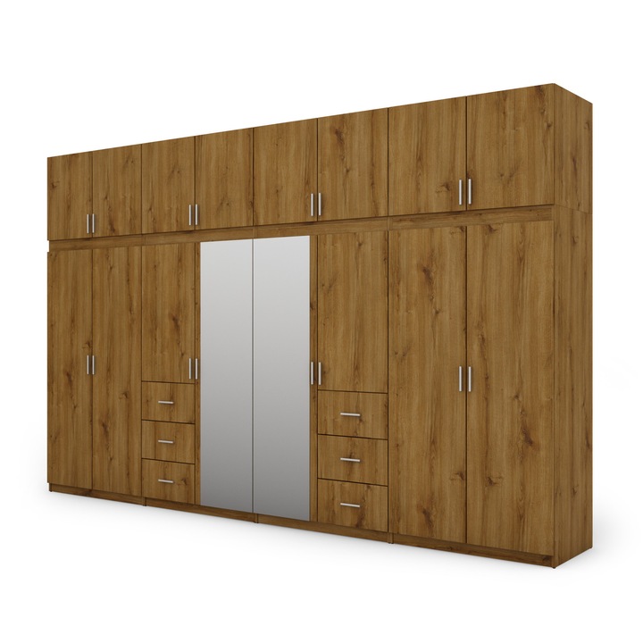 Dulap, Meblast, Premium Lucrate Manual, 380 cm x 240 cm x 57 cm, Sifonier, Pal 18 mm, Hdf De 3 mm, Pvc 0.8 mm, Numar De Usi 16, Numar De Sertare 6, Cu Doua Oglinzi, Stejar Tamplar Whisky