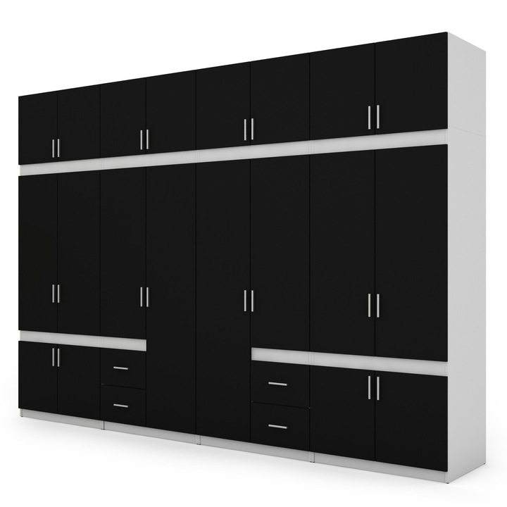 Dulap, Meblast, Premium Lucrate Manual, 340 cm x 240 cm x 59 cm, Sifonier, Pal 18 mm, Hdf De 3 mm, Pvc 0.8 mm, Numar De Usi 20, Numar De Sertare 4, Alb/Negru