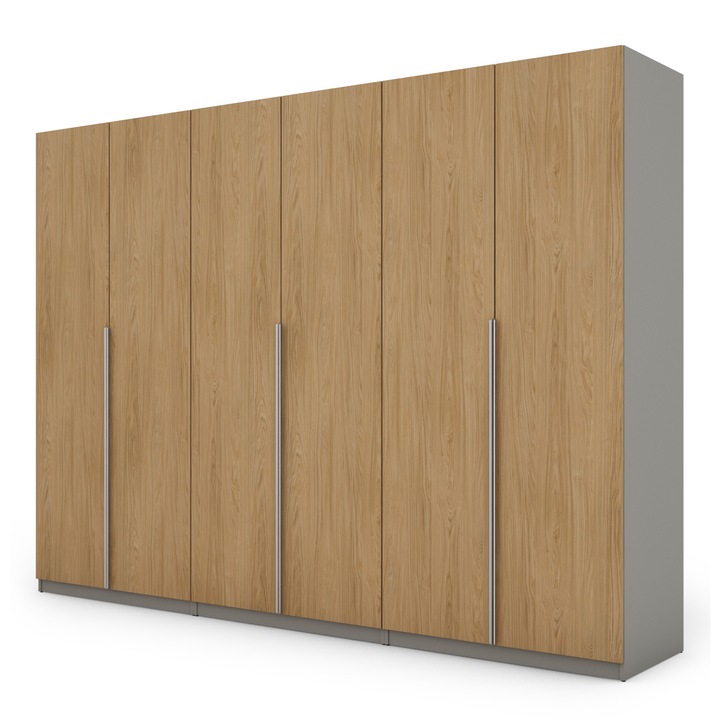 Dulap, Meblast, Premium Lucrate Manual, 230 cm x 220Cm x 59 cm, Sifonier, Pal 18 mm, Hdf De 3 mm, Pvc 0.8 mm, Numar De Usi 6, Numar De Sertare 4, Cu Doua Oglinzi, Gri Deschis/Casella Stejar, Manere Din Aluminiu