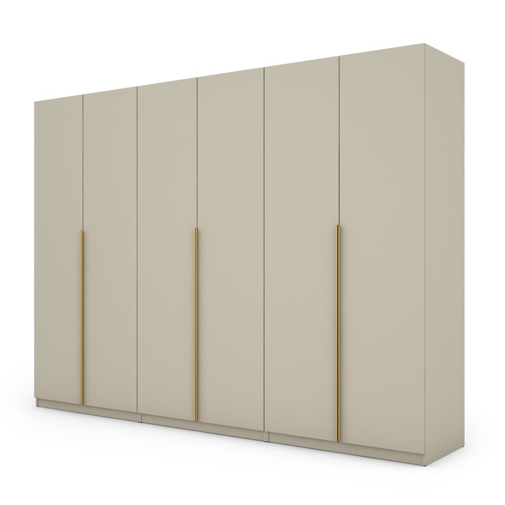 Dulap, Meblast, Premium Lucrate Manual, 230 cm x 220Cm x 59 cm, Sifonier, Pal 18 mm, Hdf De 3 mm, Pvc 0.8 mm, Numar De Usi 6, Numar De Sertare 4, Bej Casmir, Manere Aurii