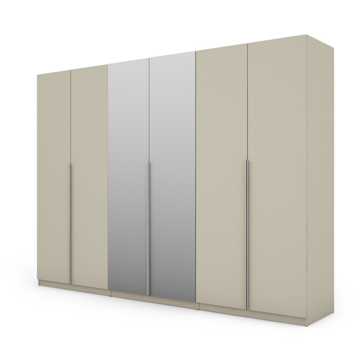 Dulap, Meblast, Premium Lucrate Manual, 230 cm x 220Cm x 59 cm, Sifonier, Pal 18 mm, Hdf De 3 mm, Pvc 0.8 mm, Numar De Usi 6, Numar De Sertare 4, Cu Doua Oglinzi, Bej Casmir, Manere Din Aluminiu Retrovizoare