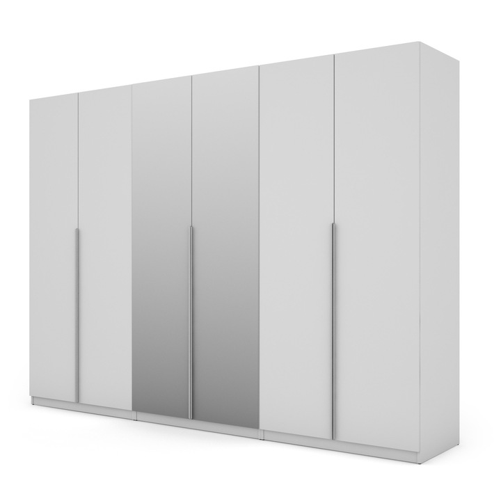 Dulap, Meblast, Premium Lucrate Manual, 230 cm x 220Cm x 59 cm, Sifonier, Pal 18 mm, Hdf De 3 mm, Pvc 0.8 mm, Numar De Usi 6, Numar De Sertare 4, Cu Doua Oglinzi, Alb, Manere Din Aluminiu