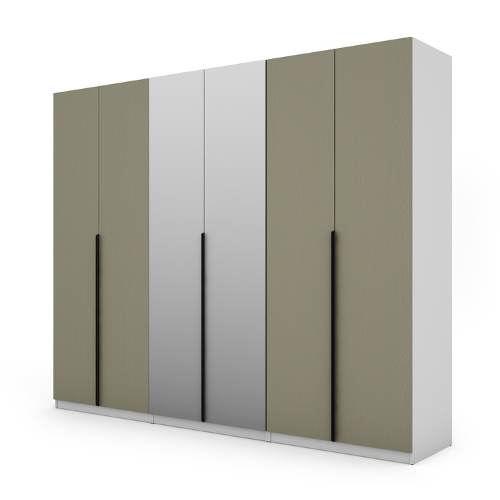 Dulap, Meblast, Premium Lucrate Manual, 282 cm x 230 cm x 59 cm, Sifonier, Pal 18 mm, Hdf De 3 mm, Pvc 0.8 mm, Numar De Usi 6, Alb/Eucalipt, Manere Negre Cu 2 Oglinzi