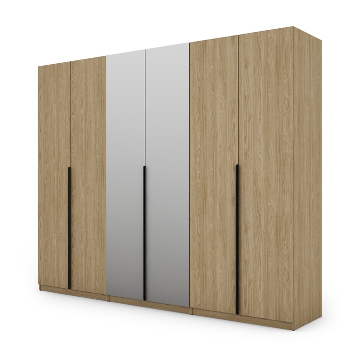 Dulap, Meblast, Premium Lucrate Manual, 282 cm x 230 cm x 59 cm, Sifonier, Pal 18 mm, Hdf De 3 mm, Pvc 0.8 mm, Numar De Usi 6, Stejar Oiled, Manere Negre Cu 2 Oglinzi