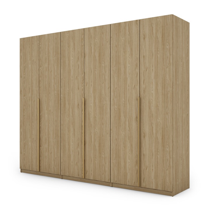 Dulap, Meblast, Premium Lucrate Manual, 282 cm x 230 cm x 59 cm, Sifonier, Pal 18 mm, Hdf De 3 mm, Pvc 0.8 mm, Numar De Usi 6, Stejar Uns Cu Ulei, Manere Aurii