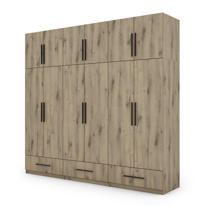 Dulap, Meblast, Premium Lucrate Manual, 260 cm x 240 cm x 56 cm, Sifonier, Pal 18 mm, Hdf De 3 mm, Pvc 0.8 mm, Numar De Usi 12, Numar De Sertare 3, Stejar Frost