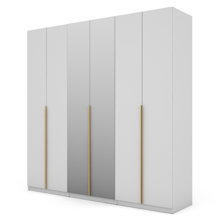 Dulap, Meblast, Premium Lucrate Manual, 240 cm x 240 cm x 59 cm, Sifonier, Pal 18 mm, Hdf De 3 mm, Pvc 0.8 mm, Numar De Usi 6, Alb, Manere Aurii Cu 2 Oglinzi