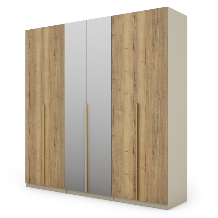 Dulap, Meblast, Premium Lucrate Manual, 240 cm x 240 cm x 59 cm, Sifonier, Pal 18 mm, Hdf De 3 mm, Pvc 0.8 mm, Numar De Usi 6, Cashmere Bej/Halifax Oak, Manere Aurii Cu 2 Oglinzi