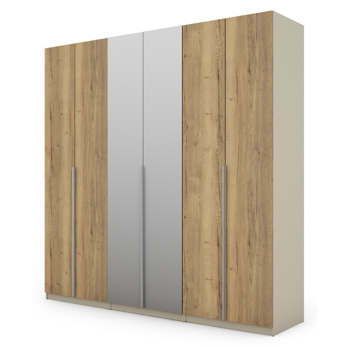 Dulap, Meblast, Premium Lucrate Manual, 240 cm x 240 cm x 59 cm, Sifonier, Pal 18 mm, Hdf De 3 mm, Pvc 0.8 mm, Numar De Usi 6, Cashmere Bej / Halifax Oak, Manere Din Aluminiu Cu 2 Oglinzi