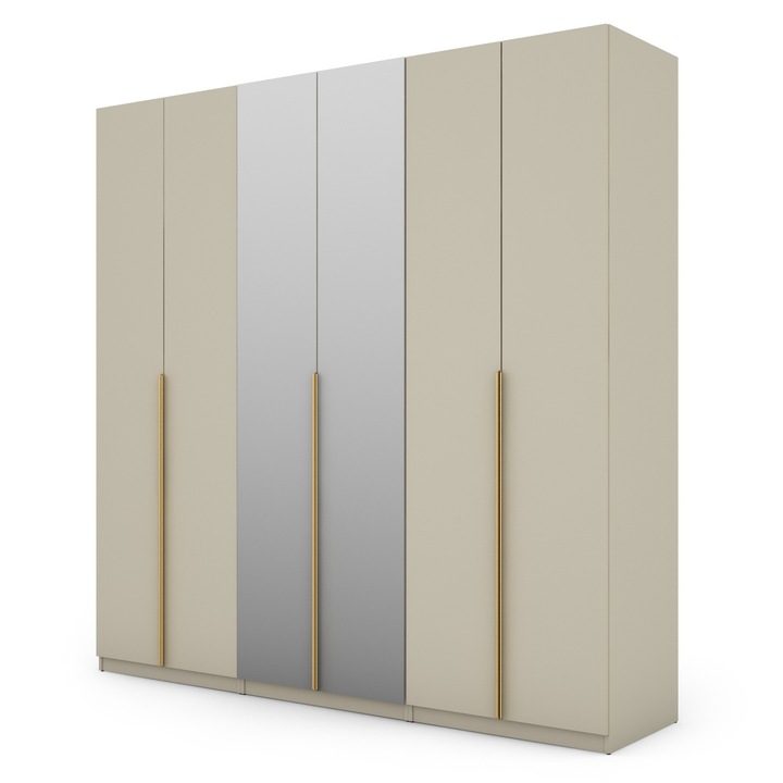 Dulap, Meblast, Premium Lucrate Manual, 240 cm x 240 cm x 59 cm, Sifonier, Pal 18 mm, Hdf De 3 mm, Pvc 0.8 mm, Numar De Usi 6, Cashmere Bej, Manere Aurii Cu 2 Oglinzi