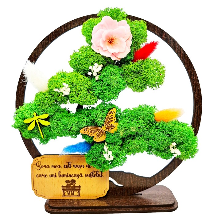 Cadou Special pentru sora – Bonsai cu Licheni Naturali Stabilizati, MDF, 20 cm, Wenge