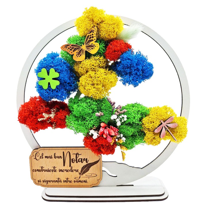 Cadou Special – Bonsai cu Licheni Naturali Stabilizati, MDF, 20 cm, Alb, mesaj Cel mai bun Notar