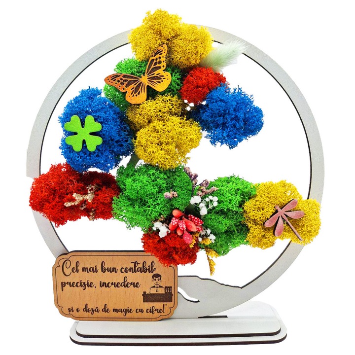 Cadou Special – Bonsai cu Licheni Naturali Stabilizati, MDF, 20 cm, Alb, mesaj Cel mai bun Contabil