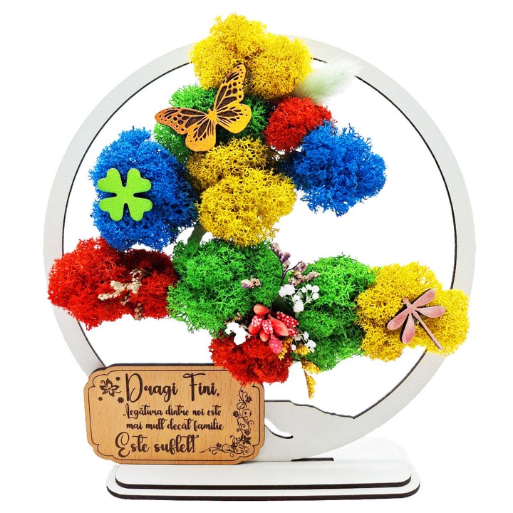 Cadou pentru Fini – Bonsai cu Licheni Naturali Stabilizati, MDF, 20 cm, Alb, mesaj Dragi fini, legatura