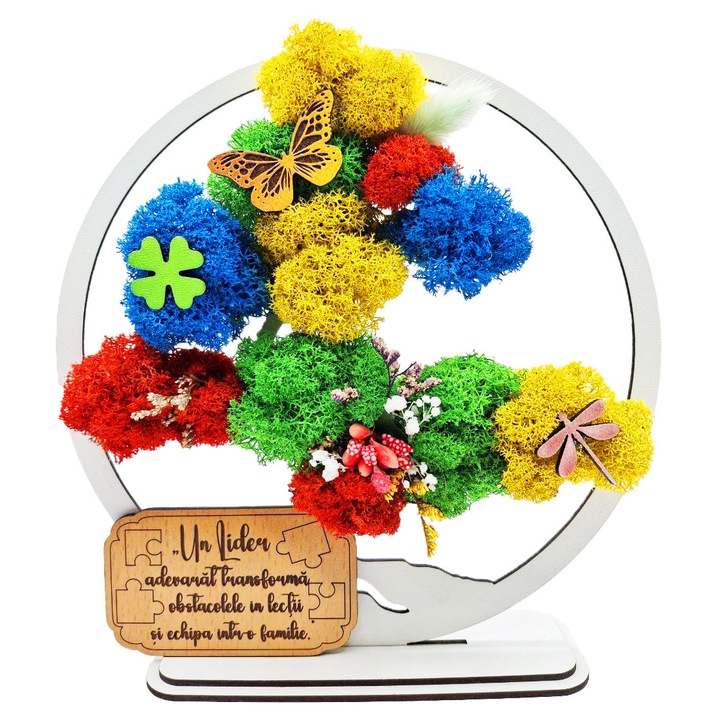 Cadou Special – Bonsai cu Licheni Naturali Stabilizati, MDF, 20 cm, Alb, mesaj Un Lider adevarat transforma