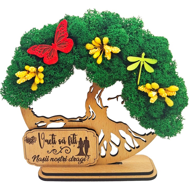 Cadou pentru Nasi – Copacul Vietii cu Licheni Naturali Stabilizati, MDF, 15 cm, Fag, mesaj Vreti sa fiti nasii