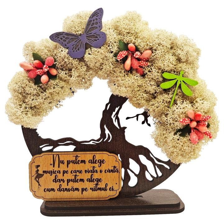 Cadou Special – Copacul Vietii cu Licheni Naturali Stabilizati, MDF, 15 cm, Wenge, mesaj inspirational