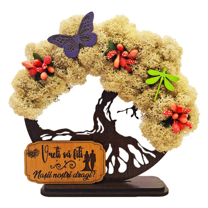 Cadou pentru Nasi – Copacul Vietii cu Licheni Naturali Stabilizati, MDF, 15 cm, Wenge, mesaj Vreti sa fiti nasii
