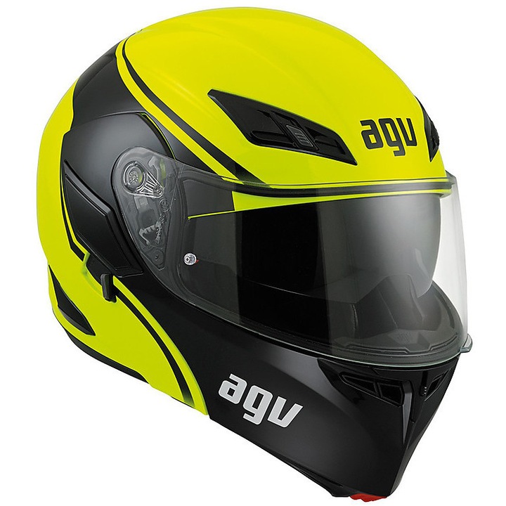 Casca moto MODULARA COMPACT AGV E2205 MULTI COURSE YELLOW BLACK made by AGV Italia, omologare E2205, ochelari de soare, pinlock, + viziera cu pinlock, Marimea S