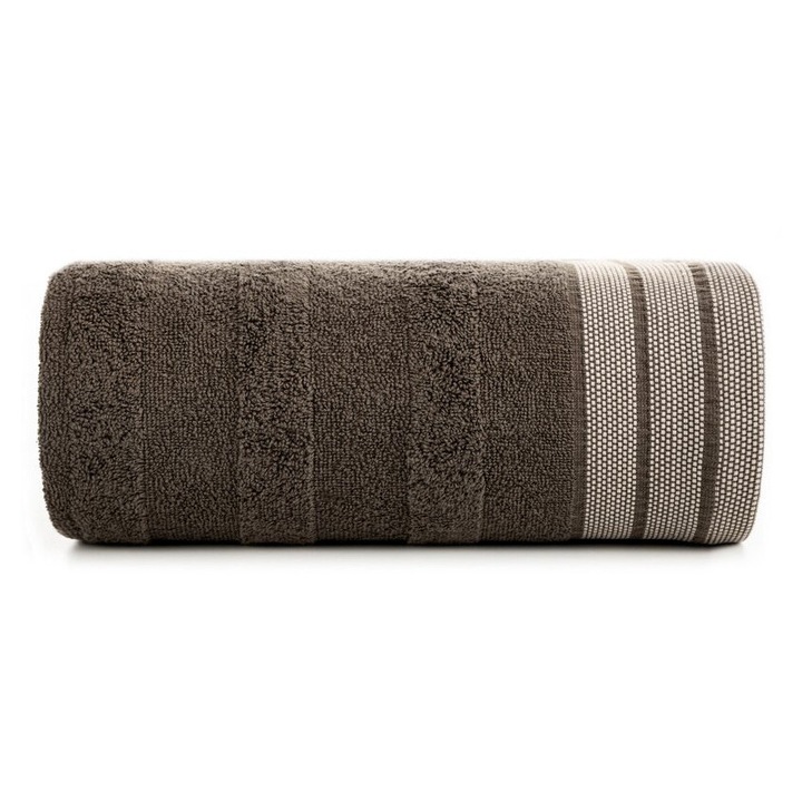 Prosop de baie Eurofirany Pati 30x50cm, bumbac, 500g/m2, maro, cu bordura in dungi