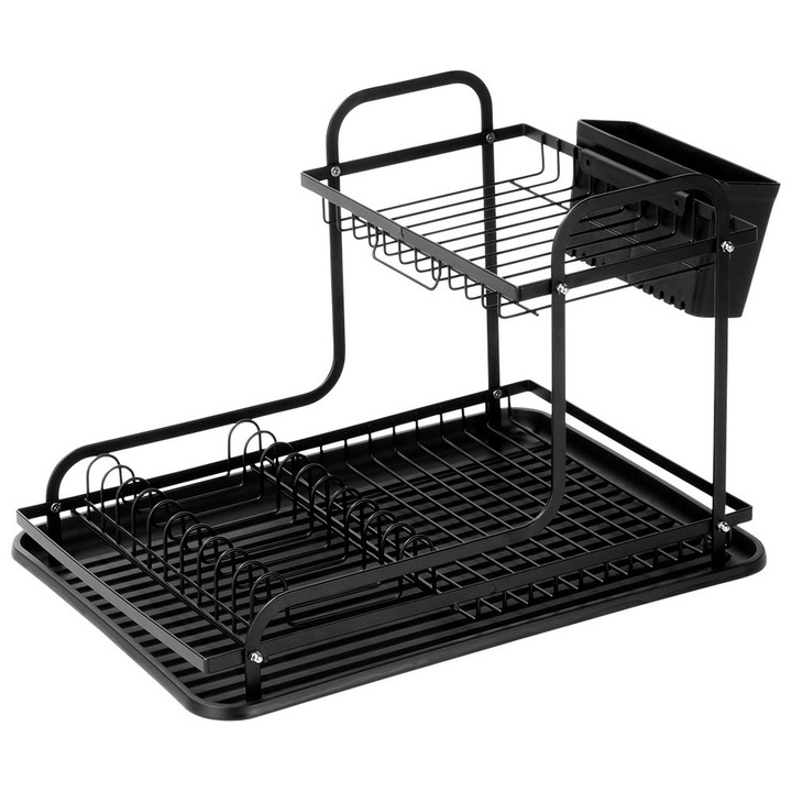 Suport Pentru Vase, Orion, 42.5 x 32 x 29 cm, Constructie Pe Doua Niveluri, Fabricat Din Metal, Tava Din Plastic, Suport Pentru Tacamuri Inclus, Negru