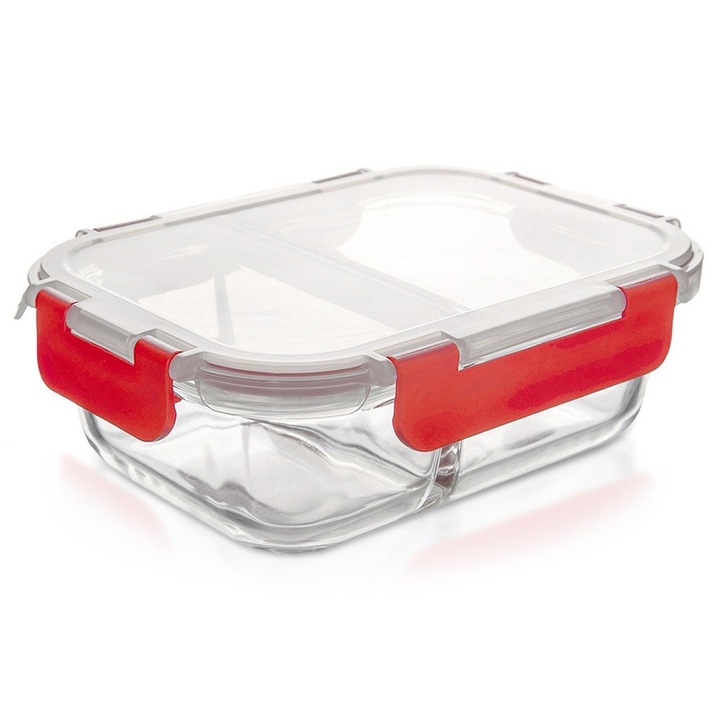 Cutie alimentara divizata din sticla cu capac, Artemis, 1,3L, transparent, 23,5x18x7,5cm