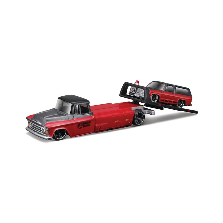 Chevrolet platós 1957 + Chevrolet K5 Blazer 1979 modellautó, 1:64, piros