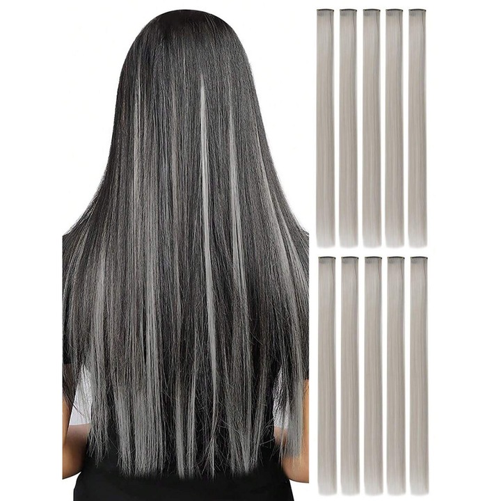 Set 10 extensii de par cu agrafe, Danati™, lungi de 50cm, gri inchis, cleme de par drepte, fibra sintetica cu aspect natural, pentru costumatie, petrecere, carnaval, cadou pentru femei, fete
