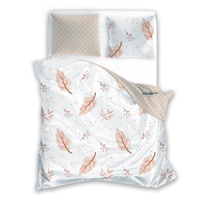Lenjerie de pat microfibra 140x200 Harmony 8 frunze alb bej cu o fata de perna 70x90 Faro