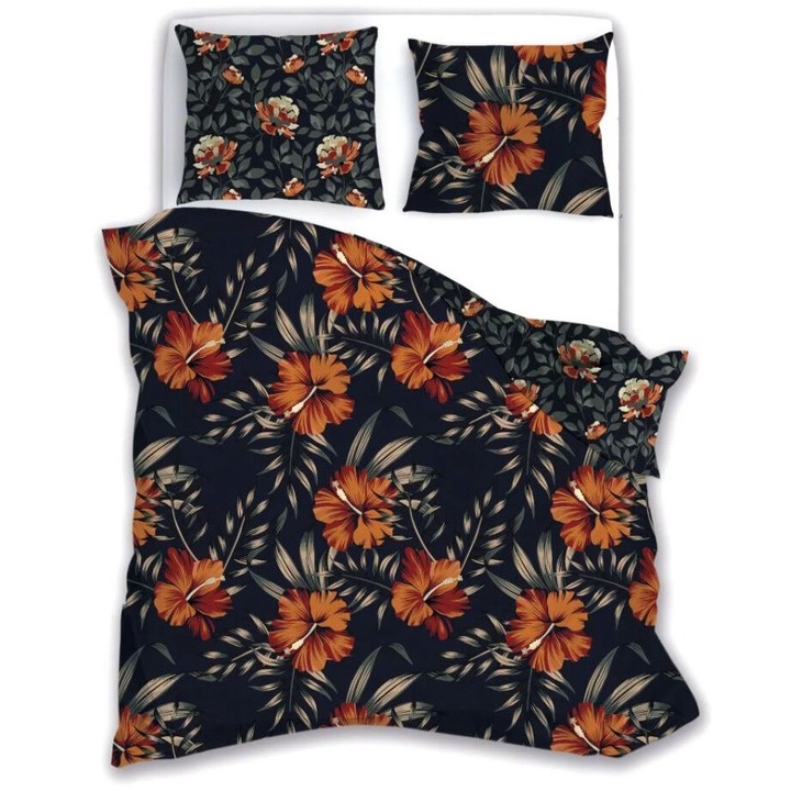 Lenjerie de pat satin 160x200 Elegant 028 flori de portocaliu negre fata-verso S 23 Faro