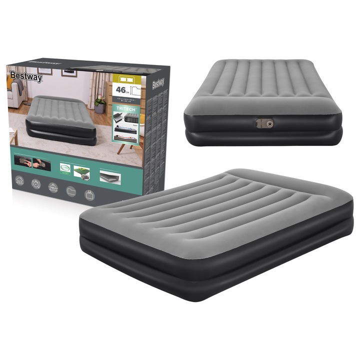 Къмпинг матрак с вградена помпа, тъмносив, 203 x 152 x 46 см