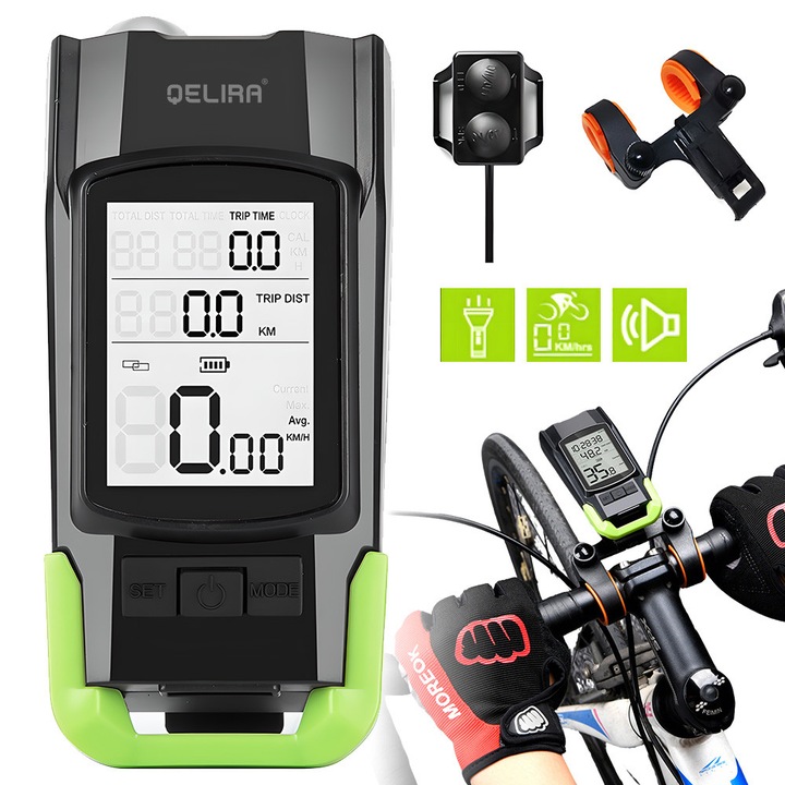 QELIRA® Ciclocomputer Wireless pentru Biciclete - LED Fata/Spate, Baterie 4000mah, Rezistent la Apa, Display LCD cu Viteza, Distanta, Temperatura, Verde