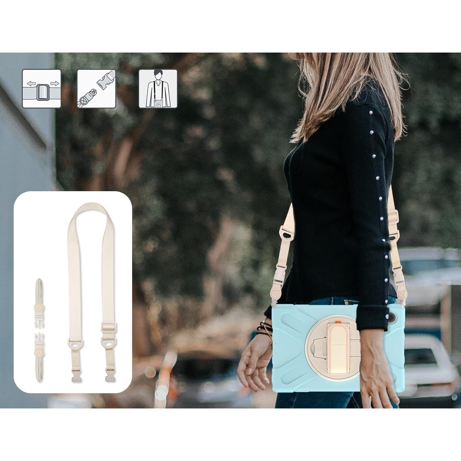 Husa tableta, Samsung Galaxy Tab A8 10.5", 3 straturi, suport rotativ 360°, albastra