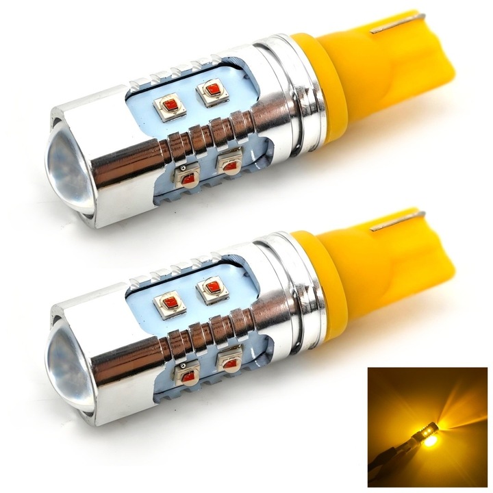 Autó irányjelző LED izzó, motoLEDy, T15, W16W, 2 darabos készlet, Narancssárga, CANBUS kompatibilis, 12V-24V, 10 db CREE LED, 360 fokos sugárzási szög, 1100 lumen, Polaritásfüggetlen, Amerikai autókhoz piros lámpabúrával, Ütésálló, 50000 óra élettartam